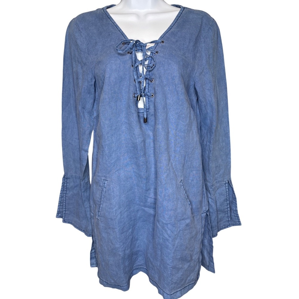 MARRAKECH Blue Linen Lace Up Tunic Top S Boho-Chic Flare Sleeve‎ Flowy Lagenlook